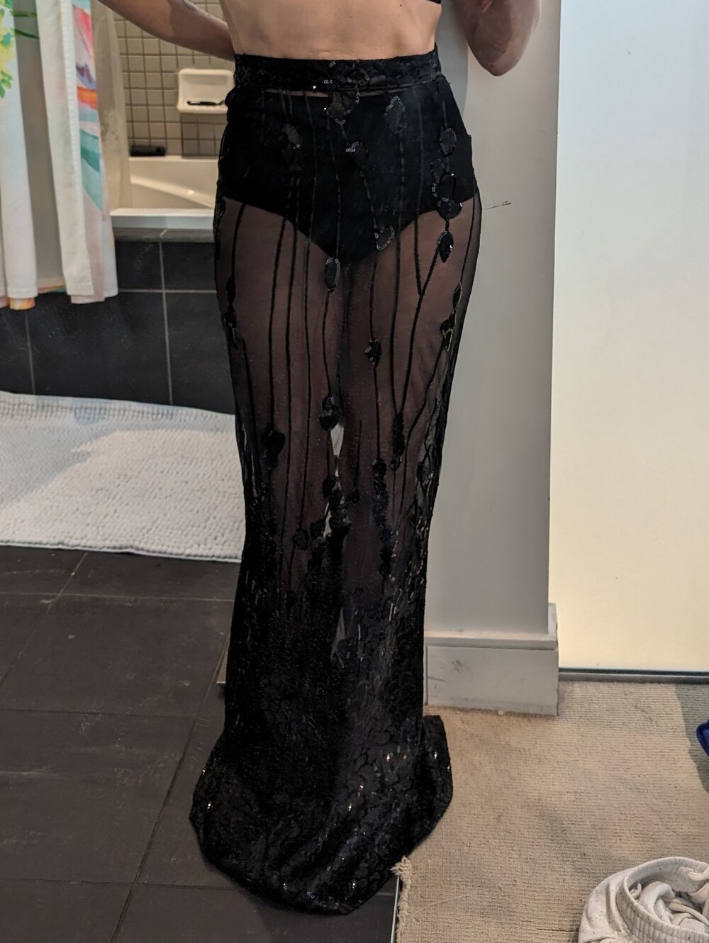 Gabriela Couture Black Sheer Embellished Maxi Skirt S